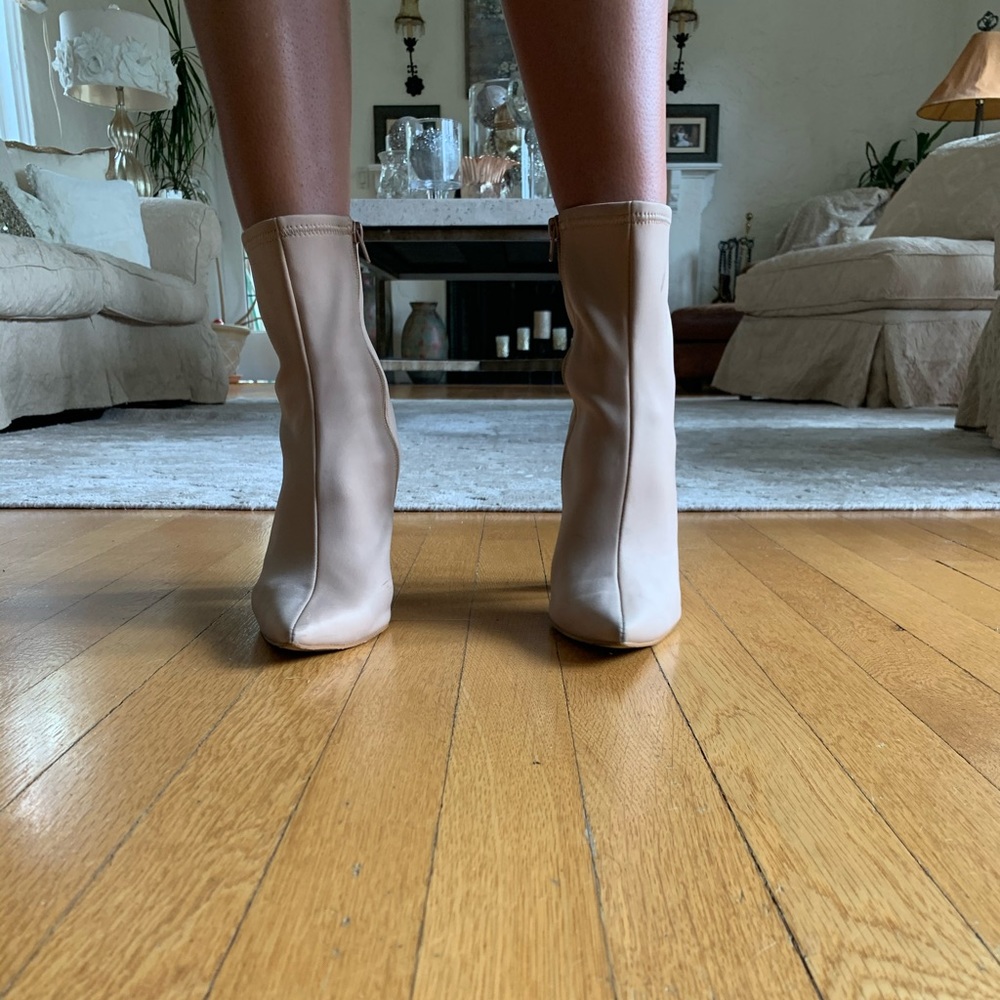 Jeffrey Campbell beige sock booties